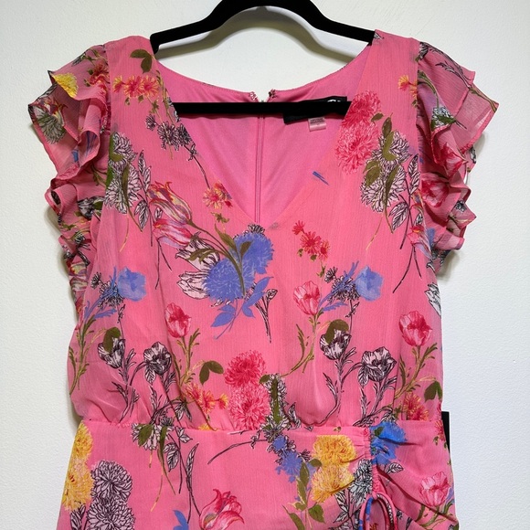 Karl Lagerfeld Pink Floral High-Low Midi Dress NWT | Flutter Sleeve Asymmetrical - Picture 3 of 9